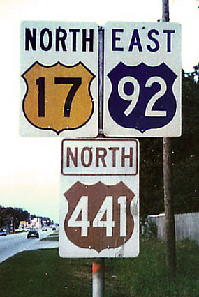 Florida - U.S. Highway 441, U.S. Highway 92, and U.S. Highway 17 sign.