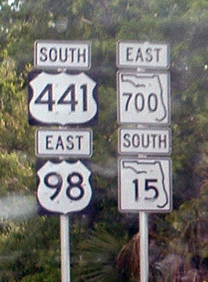 Florida - State Highway 700, State Highway 15, U.S. Highway 98, and U.S. Highway 441 sign.