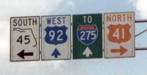 Florida - State Highway 45, Interstate 275, U.S. Highway 92, and U.S. Highway 41 sign.