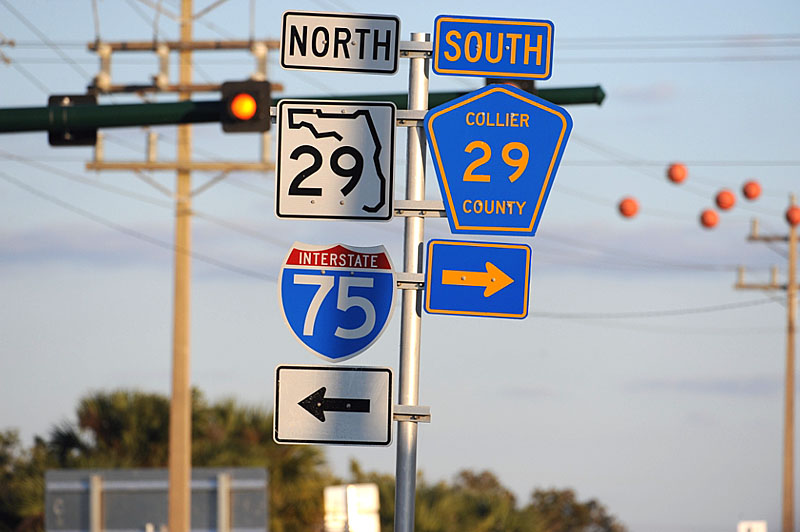 Florida - Collier County route 29, state highway 29, and interstate 75 sign.