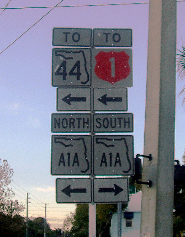 Florida - State Highway 44, U.S. Highway 1, and State Highway 1 sign.