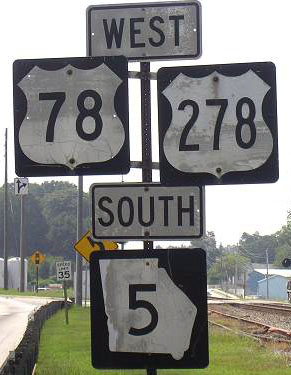 Georgia - State Highway 5, U.S. Highway 278, and U.S. Highway 78 sign.