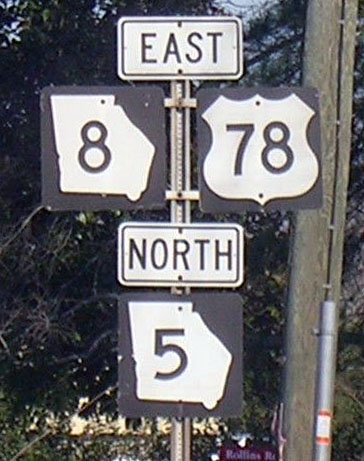 Georgia - State Highway 5, State Highway 8, and U.S. Highway 78 sign.