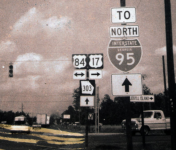 Georgia - State Highway 303, U.S. Highway 17, U.S. Highway 84, and Interstate 95 sign.