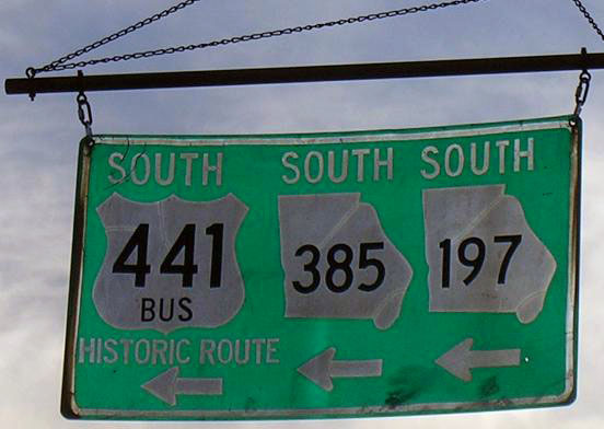 Georgia - State Highway 197, State Highway 385, and business U. S. highway 441 sign.