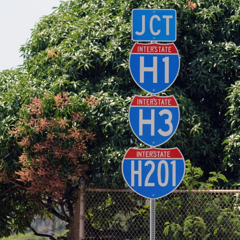 Hawaii - Interstate 3, Interstate 1, and Interstate 201 sign.