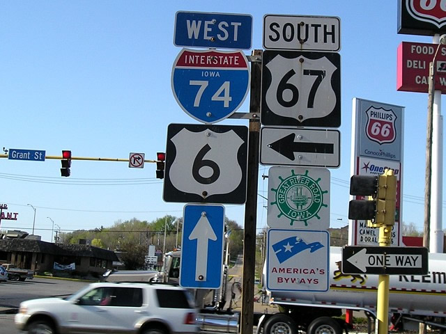 Iowa - Interstate 74, U.S. Highway 67, and U.S. Highway 6 sign.