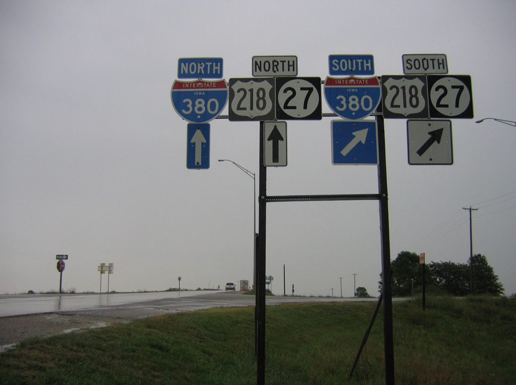 Iowa - Interstate 380, State Highway 27, and U.S. Highway 218 sign.