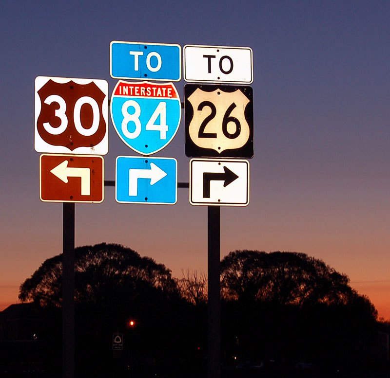 Idaho - U.S. Highway 26, Interstate 84, and scenic U. S. highway 30 sign.