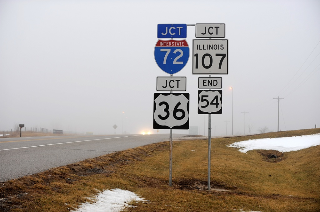 Illinois - State Highway 107, U.S. Highway 54, U.S. Highway 36, and Interstate 72 sign.