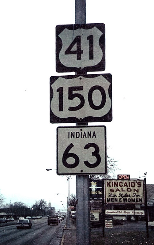 Indiana - U.S. Highway 150, State Highway 63, and U.S. Highway 41 sign.