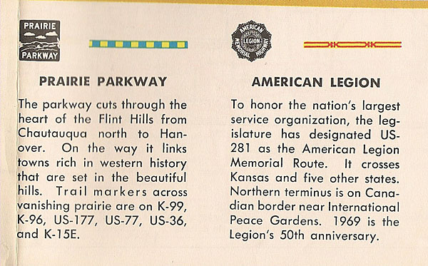 Kansas - American Legion Memorial Highway, Prairie Parkway, Ozark Frontier Trail, Santa Fe Trail, Lewis and Clark Trail, Pony Express Memorial Highway, Chisholm Trail, Eisenhower Memorial Highway, and Blue Star Memorial Highway sign.