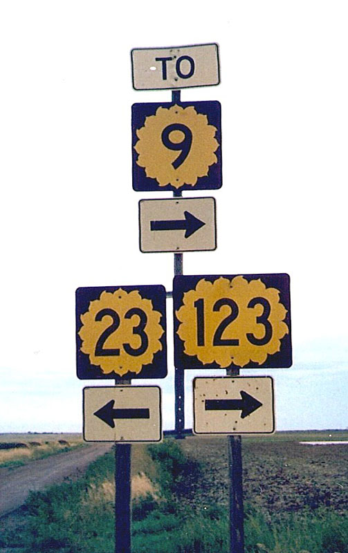 Kansas - state highway 123, state highway 23, and state highway 9 sign.