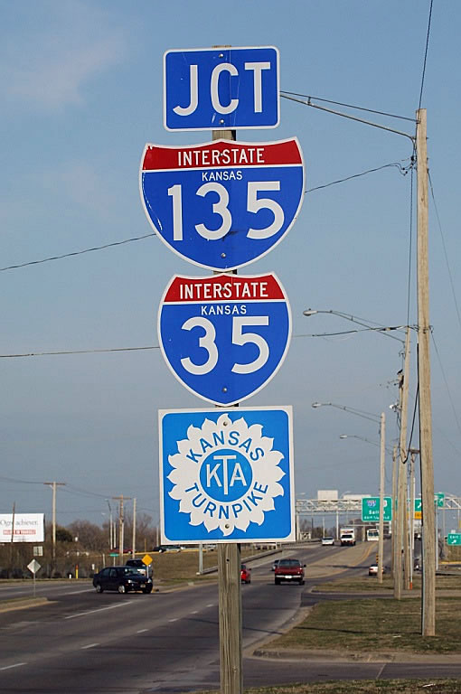 Kansas - interstate 135, Kansas Turnpike, and interstate 35 sign.