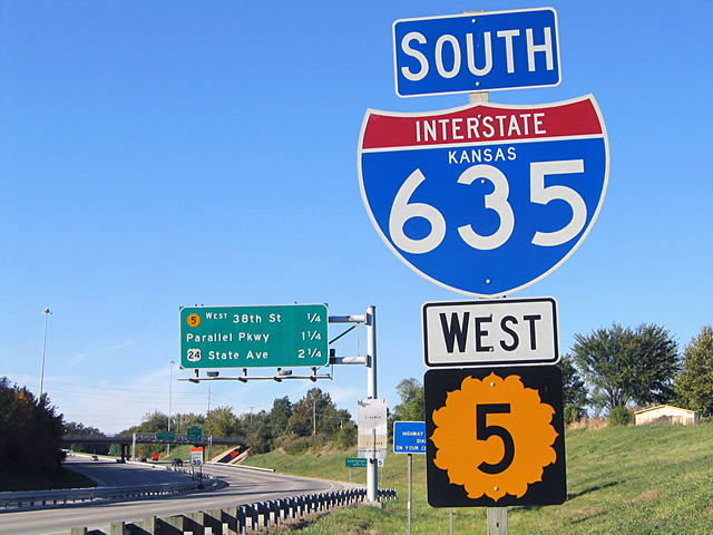 Kansas - interstate 635 and state highway 5 sign.