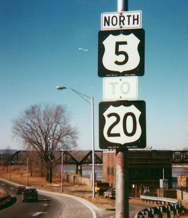 Massachusetts - U.S. Highway 5 and U.S. Highway 20 sign.