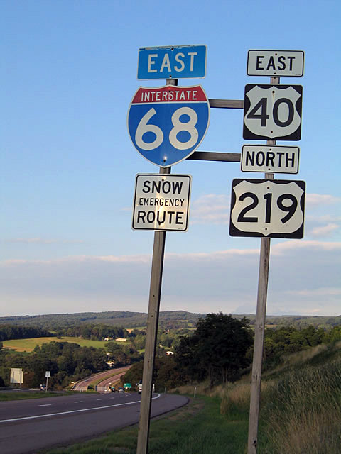 Maryland - U.S. Highway 219, U.S. Highway 40, and Interstate 68 sign.