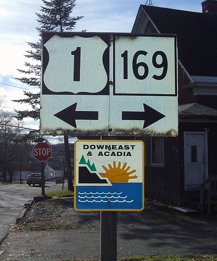 Maine - Downeast and Acadia Region, state highway 169, and U. S. highway 1 sign.
