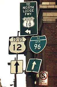 Michigan - business spur 96, U.S. Highway 12, and U.S. Highway 10 sign.
