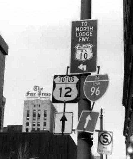 Michigan - business spur 96, U.S. Highway 12, and U.S. Highway 10 sign.