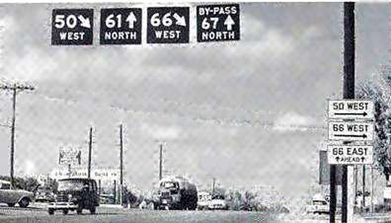 Missouri - U.S. Highway 67, U.S. Highway 66, U.S. Highway 61, and U.S. Highway 50 sign.