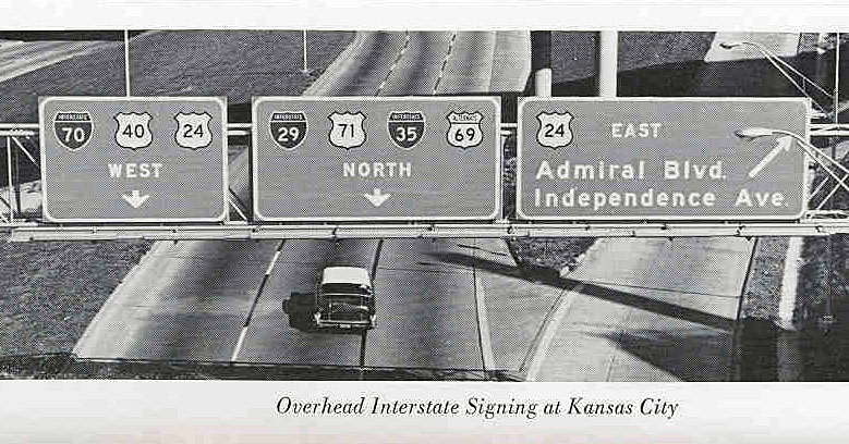 Missouri - alternate U. S. highway 69, Interstate 35, U.S. Highway 71, Interstate 29, U.S. Highway 24, U.S. Highway 40, and Interstate 70 sign.