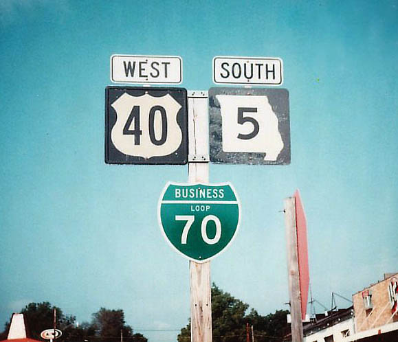 Missouri - State Highway 5, U.S. Highway 40, and business loop 70 sign.