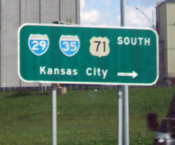 Missouri - U.S. Highway 71, Interstate 35, and Interstate 29 sign.