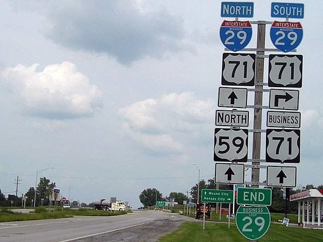 Missouri - business loop 29, Interstate 29, U.S. Highway 71, and U.S. Highway 59 sign.