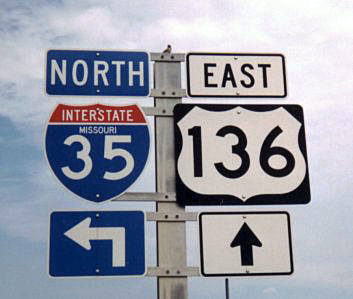 Missouri - Interstate 35 and U.S. Highway 136 sign.