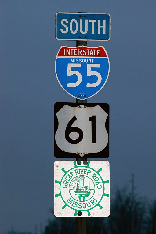 Missouri - U.S. Highway 61, Interstate 55, and Great River Road sign.