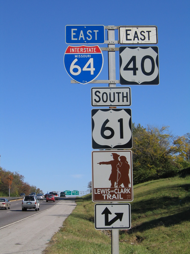 Missouri - U.S. Highway 61, U.S. Highway 40, and Interstate 64 sign.