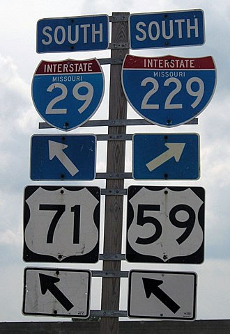 Missouri - Interstate 229, U.S. Highway 71, U.S. Highway 59, and Interstate 29 sign.