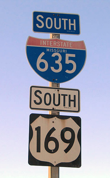 Missouri - Interstate 635 and U.S. Highway 169 sign.