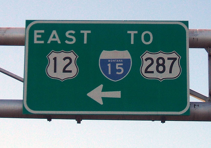Montana - U.S. Highway 287, U.S. Highway 12, and Interstate 15 sign.