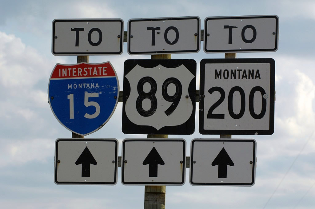 Montana - State Highway 200, U.S. Highway 89, and Interstate 15 sign.