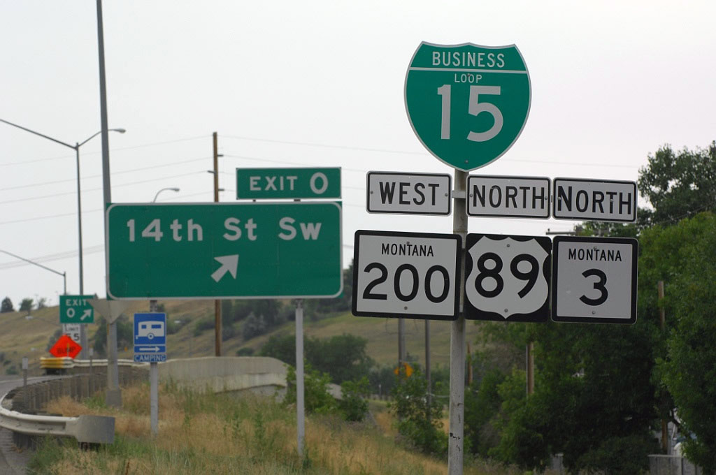 Montana - State Highway 3, U.S. Highway 89, State Highway 200, and business loop 15 sign.