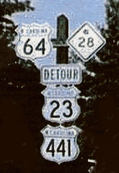 North Carolina - U.S. Highway 441, U.S. Highway 23, State Highway 28, and U.S. Highway 64 sign.