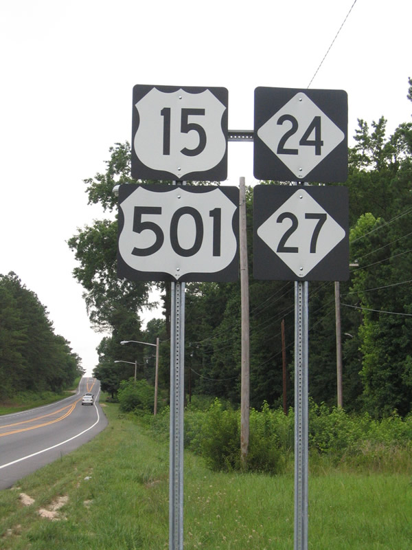 North Carolina - U.S. Highway 501, State Highway 27, State Highway 24, and U.S. Highway 15 sign.