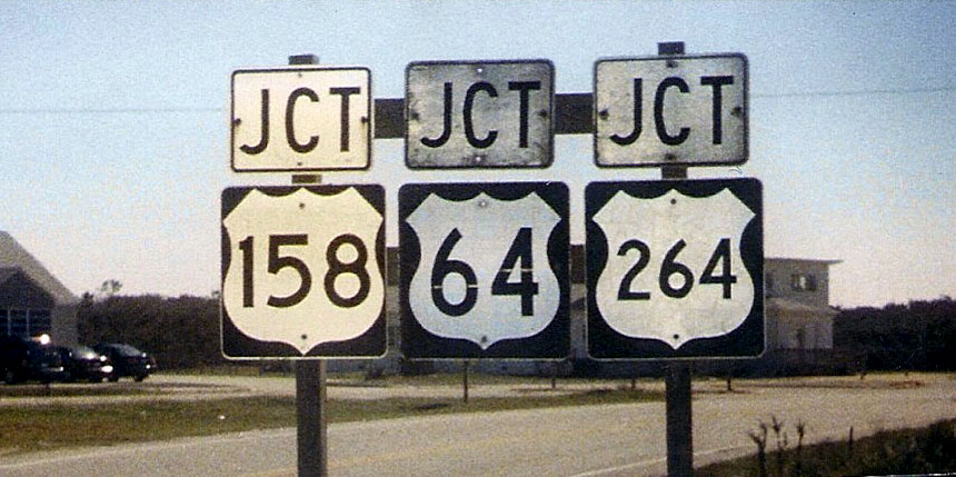 North Carolina - U.S. Highway 264, U.S. Highway 64, and U.S. Highway 158 sign.