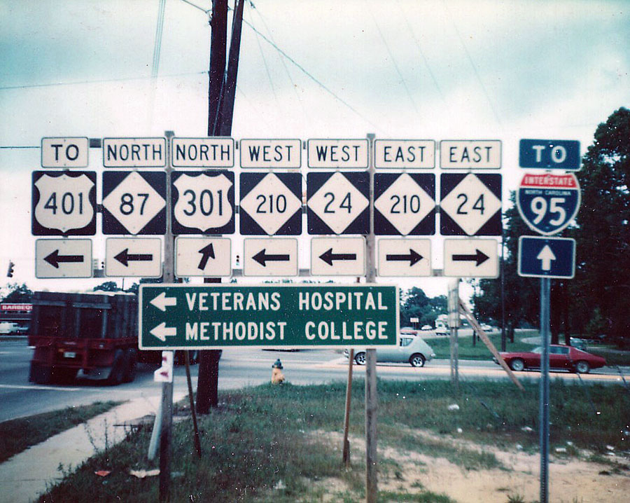 North Carolina - Interstate 95, State Highway 24, State Highway 210, U.S. Highway 301, State Highway 87, and U.S. Highway 401 sign.