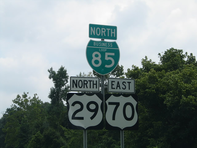 North Carolina - business loop 85, U.S. Highway 70, and U.S. Highway 29 sign.