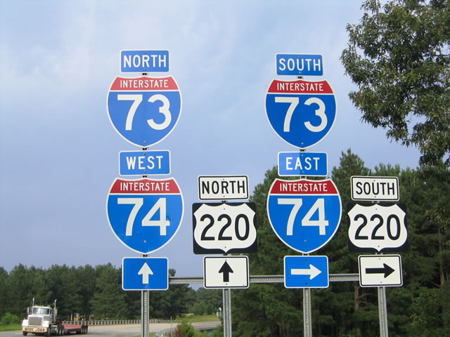 North Carolina - Interstate 73, Interstate 74, and U.S. Highway 220 sign.