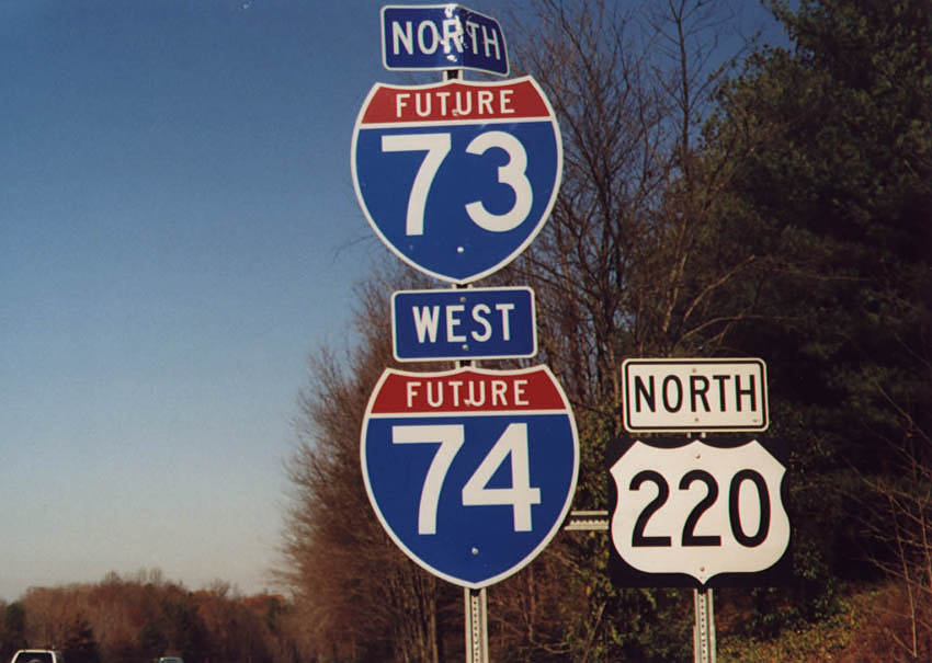 North Carolina - Interstate 73, U.S. Highway 220, and Interstate 74 sign.