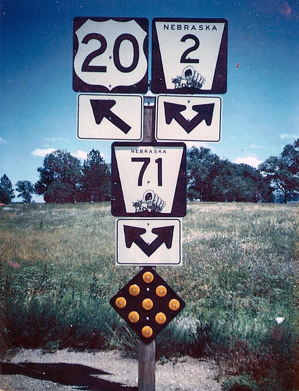 Nebraska - state highway 71, state highway 2, and U. S. highway 20 sign.