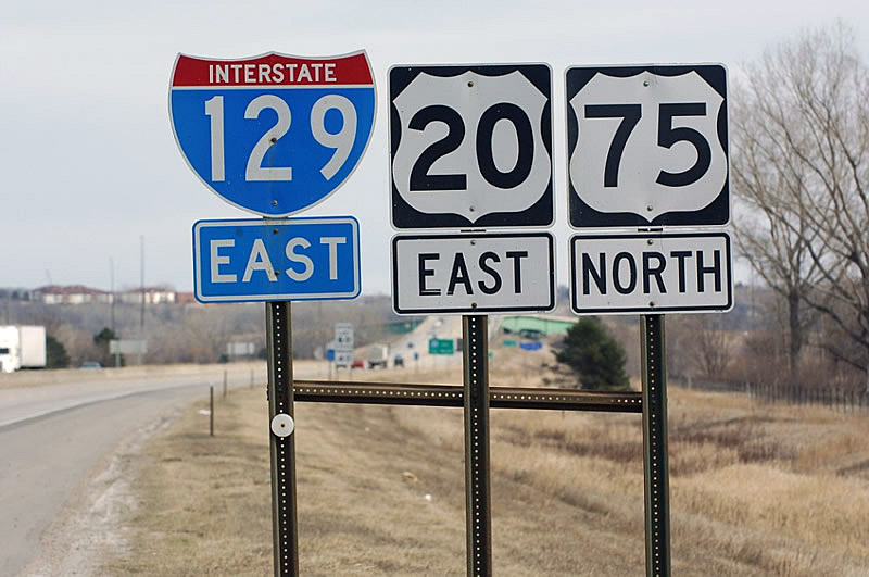 Nebraska - Interstate 129, U.S. Highway 75, and U.S. Highway 20 sign.
