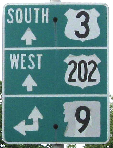 New Hampshire - State Highway 9, U.S. Highway 202, and U.S. Highway 3 sign.