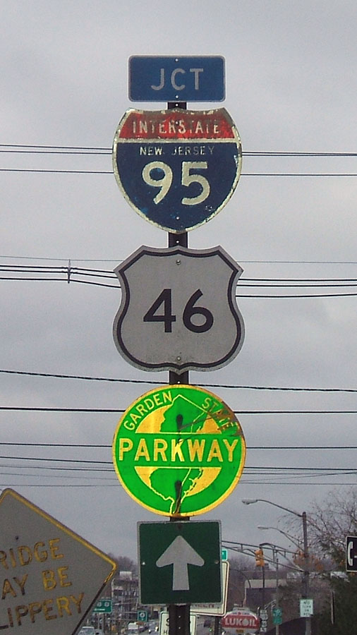 New Jersey - Garden State Parkway, U.S. Highway 46, and Interstate 95 sign.