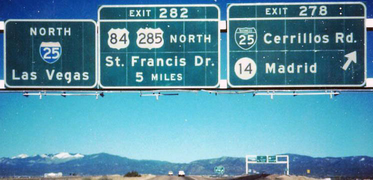 New Mexico - State Highway 14, business loop 25, U.S. Highway 285, U.S. Highway 84, and Interstate 25 sign.