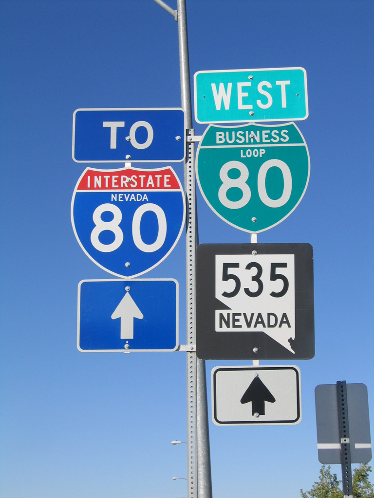 Nevada - Interstate 80, business loop 80, and State Highway 535 sign.